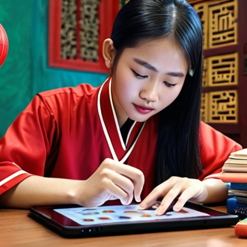 **A Vietnamese student using an AI-powered learning platform on a tablet, surrounded by traditional Vietnamese decorations and textbooks. The scene should convey personalized learning and engagement.**
