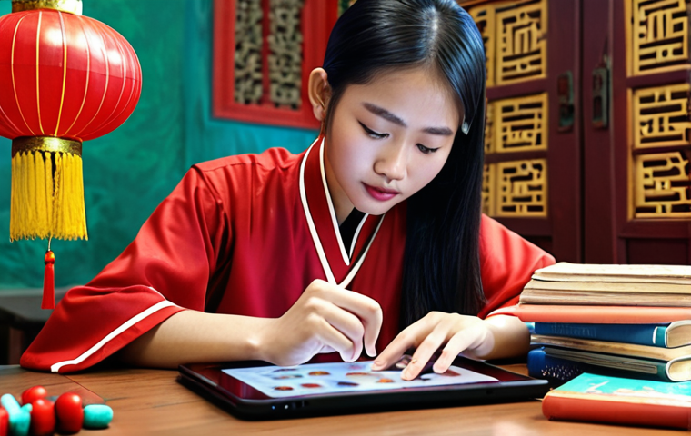 **A Vietnamese student using an AI-powered learning platform on a tablet, surrounded by traditional Vietnamese decorations and textbooks. The scene should convey personalized learning and engagement.**