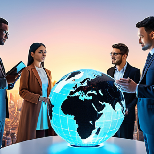 **Global collaboration on AI:** A diverse group of people from different nations working together around a holographic globe, symbolizing shared knowledge and ethical AI development, under a bright future skyline.
