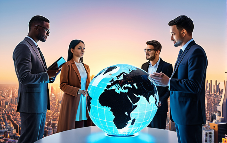 **Global collaboration on AI:** A diverse group of people from different nations working together around a holographic globe, symbolizing shared knowledge and ethical AI development, under a bright future skyline.