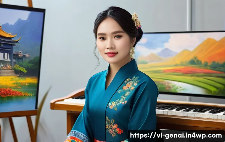 AI와 인간의 창의성 경계 - A Vietnamese artist in a modern studio filled with traditional and digital art tools, thoughtfully b...