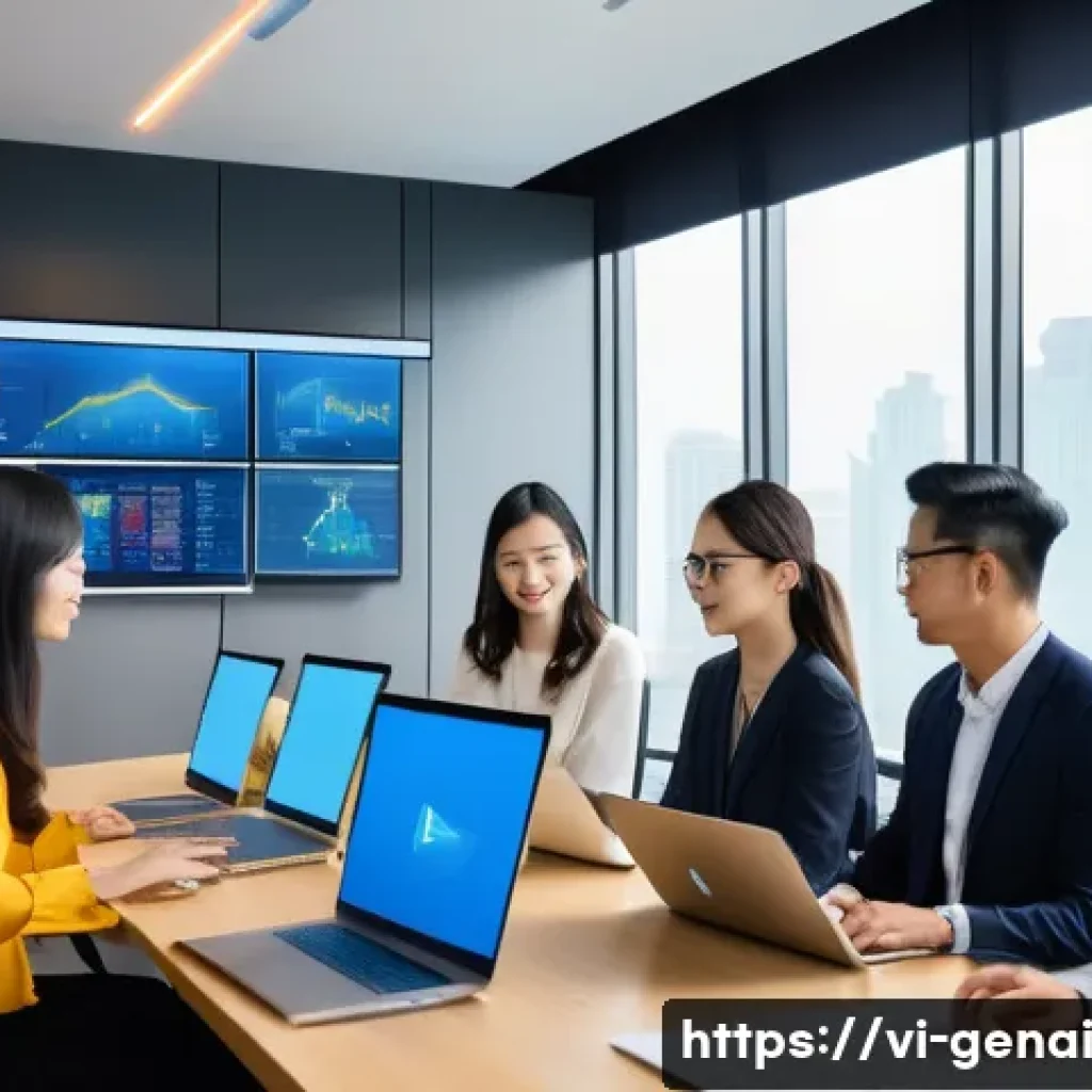 AI 콘텐츠의 공정성 확보 방안 - A modern Vietnamese technology office environment with diverse professionals collaborating on AI eth...