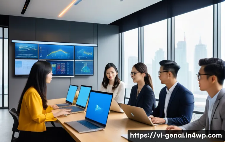 AI 콘텐츠의 공정성 확보 방안 - A modern Vietnamese technology office environment with diverse professionals collaborating on AI eth...