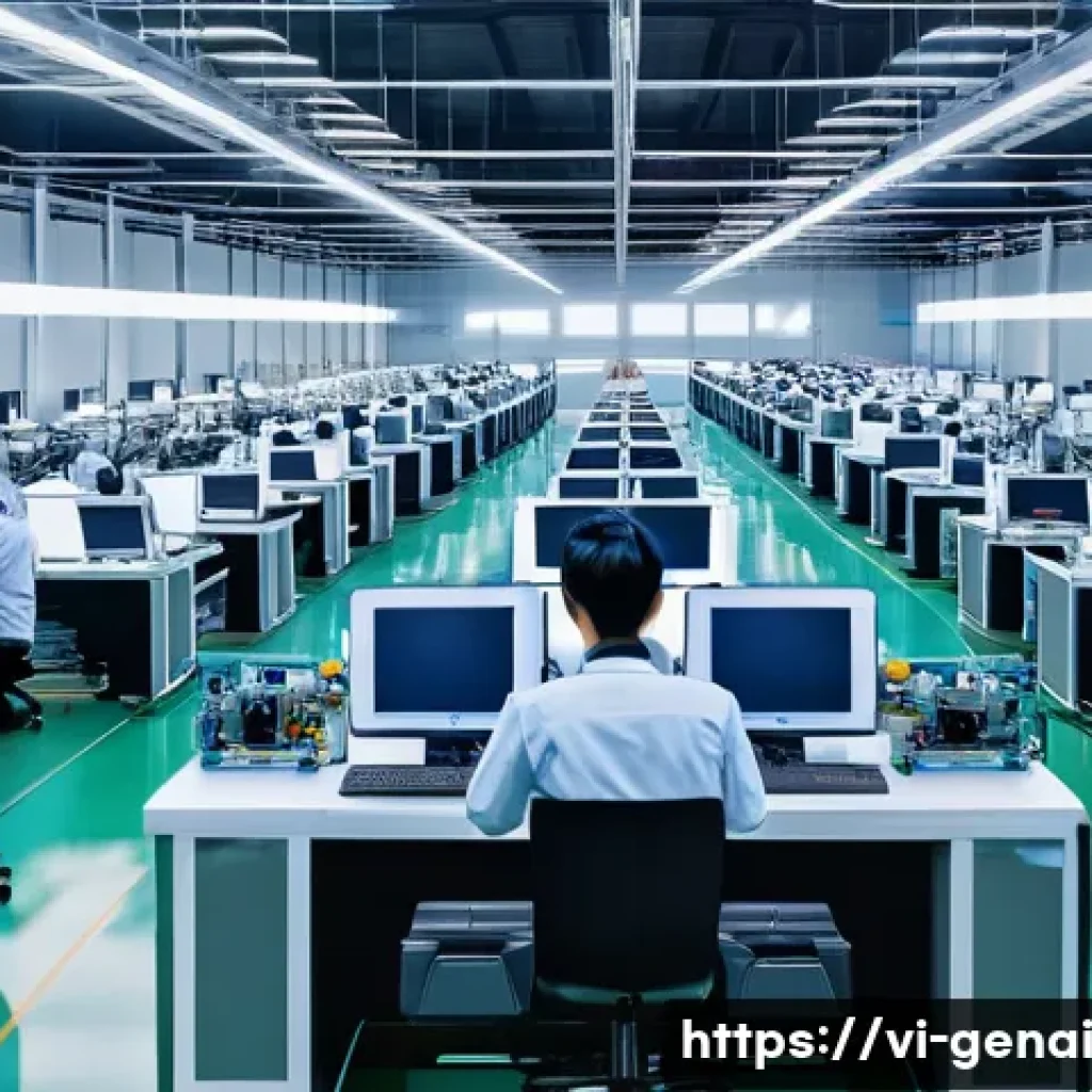 AI의 인간 대체 가능성 논의 - A modern Vietnamese electronics factory floor featuring intelligent robots performing automated prod...