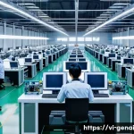 Home 22 AI의 인간 대체 가능성 논의 - A modern Vietnamese electronics factory floor featuring intelligent robots performing automated prod...