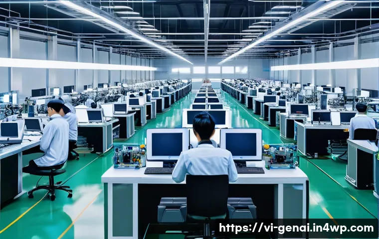 AI의 인간 대체 가능성 논의 - A modern Vietnamese electronics factory floor featuring intelligent robots performing automated prod...