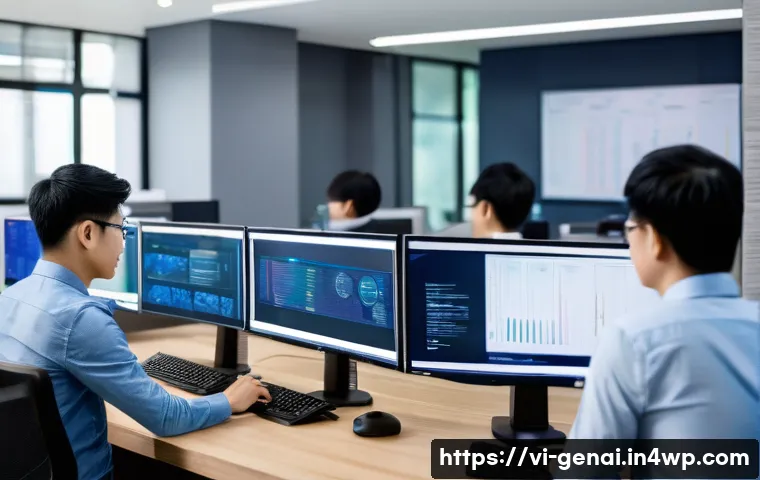 AI 기술의 도전과제 - A modern Vietnamese technology office environment focused on data security: diverse Vietnamese IT pr...