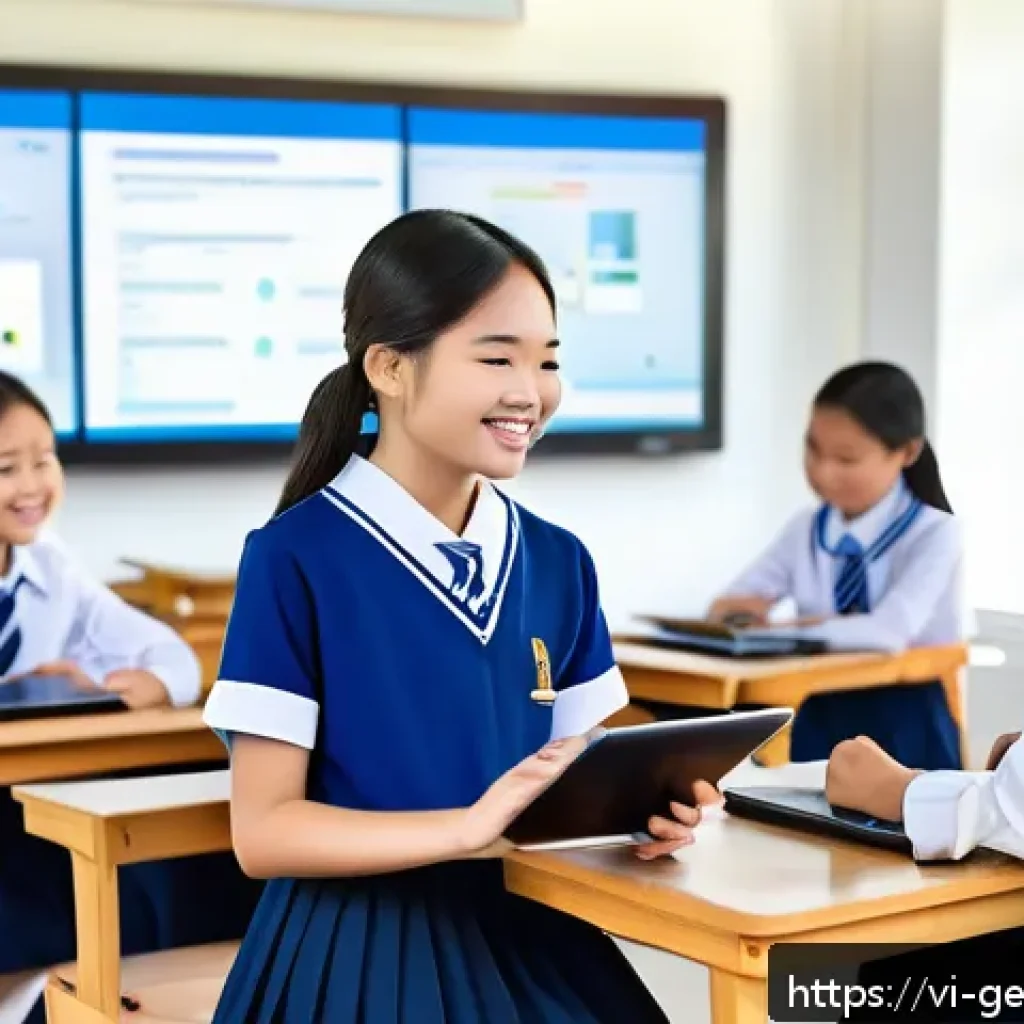 AI와 공공의 이익 - A modern Vietnamese classroom scene featuring diverse students using AI-powered tablets and laptops,...