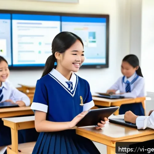 Home 32 AI와 공공의 이익 - A modern Vietnamese classroom scene featuring diverse students using AI-powered tablets and laptops,...