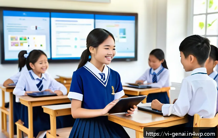 AI와 공공의 이익 - A modern Vietnamese classroom scene featuring diverse students using AI-powered tablets and laptops,...