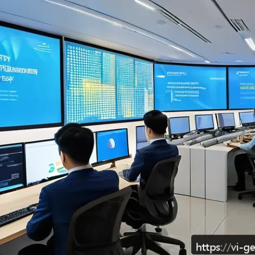 Home 31 AI의 정책적 접근 방법 - A modern Vietnamese AI research center bustling with young professionals collaborating on innovative...