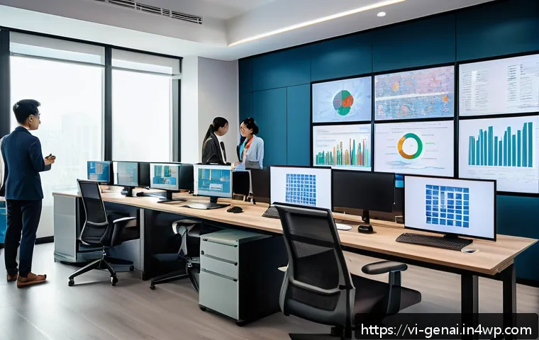 AI 사용자의 윤리적 행동 지침 - A modern Vietnamese office scene showing a diverse group of professionals collaborating with AI tech...