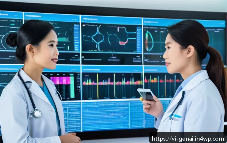 AI 윤리적 가이드라인의 사례 연구 - A modern Vietnamese hospital room with a diverse group of medical professionals—male and female doct...
